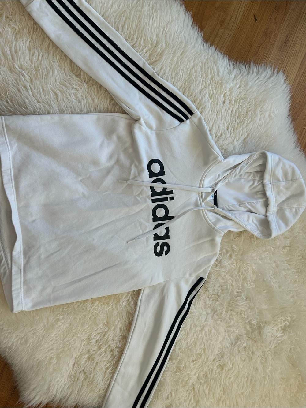 adidas White Hoodie with Black Logo and Stripe Sleeves